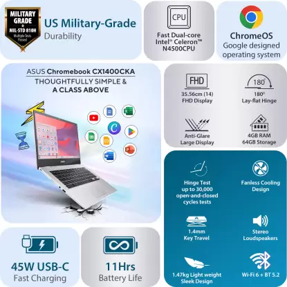 ASUS Chromebook Intel Celeron Dual Core N4500 - (4 GB/64 GB EMMC Storage/Chrome OS) CX1400CKA-NK0453 Chromebook  (14 Inch, Transparent Silver, 1.47 Kg)