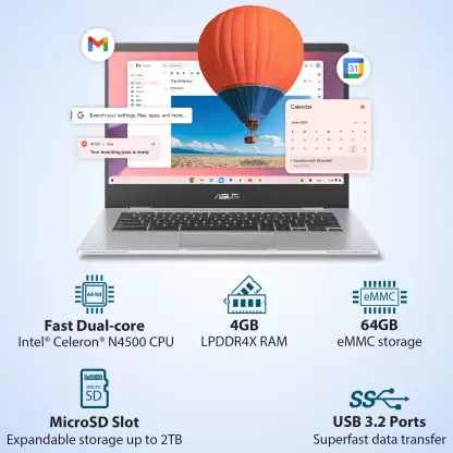 ASUS Chromebook Intel Celeron Dual Core N4500 - (4 GB/64 GB EMMC Storage/Chrome OS) CX1400CKA-NK0453 Chromebook  (14 Inch, Transparent Silver, 1.47 Kg)